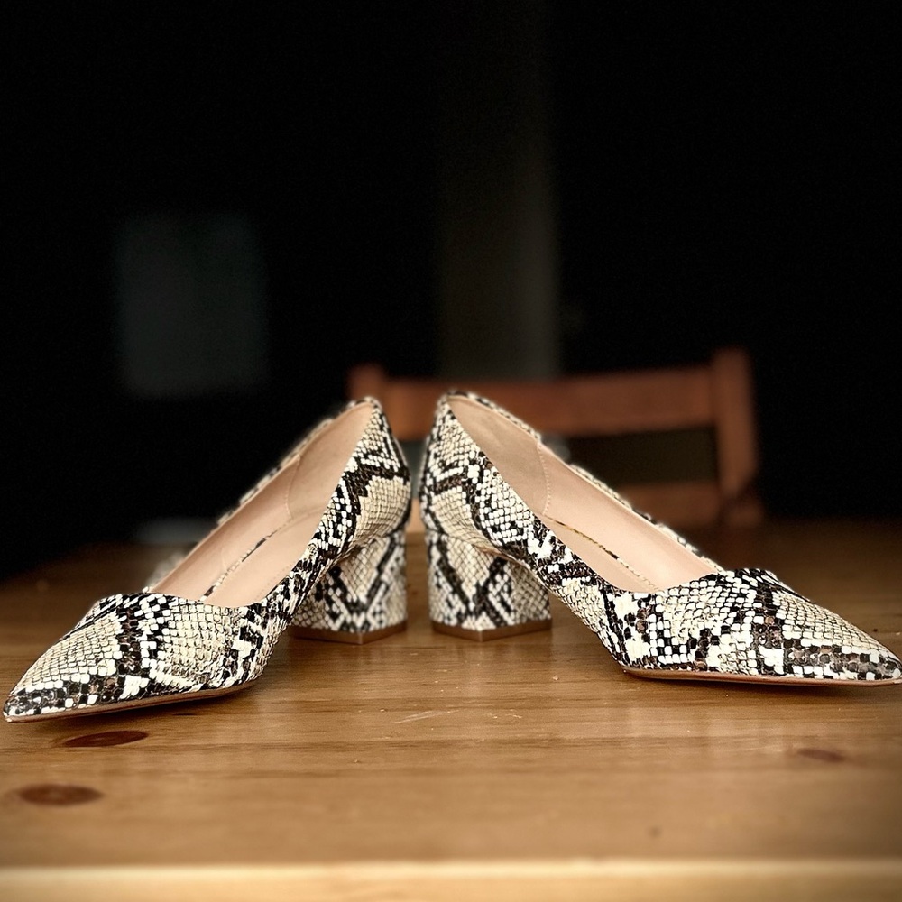 New snake skin pump heels with pointy toes, for parties and work.